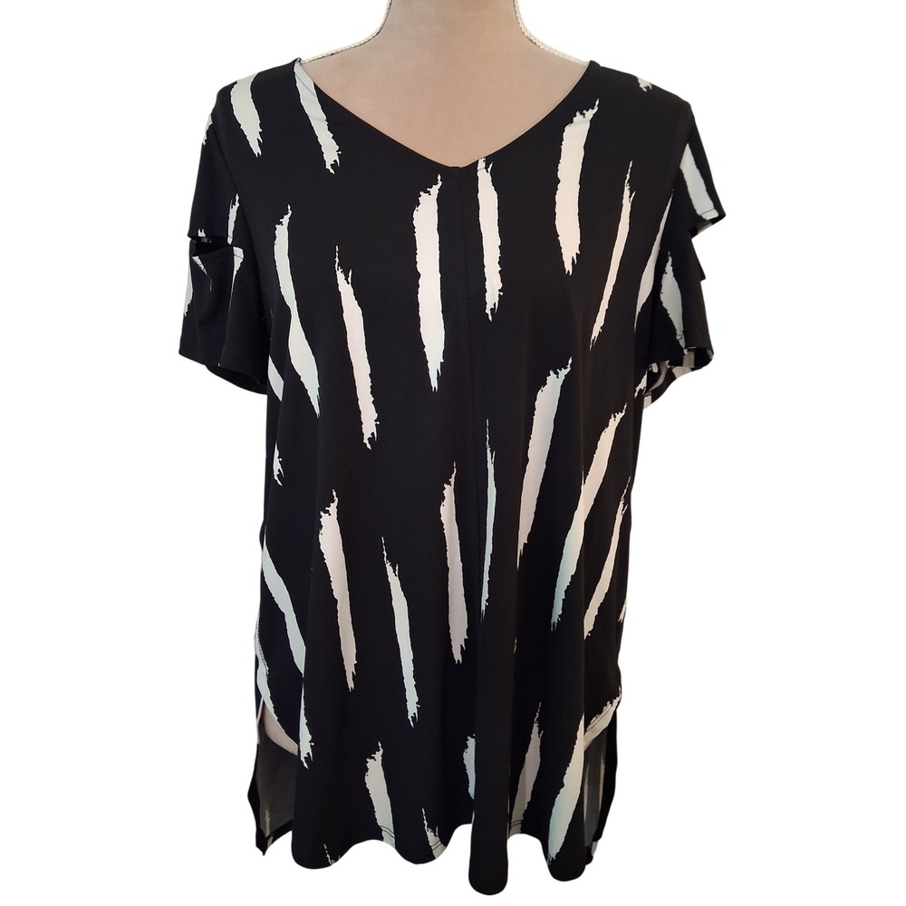 Lior Paris Womens Small Black White Abstract Brushstroke V-Neck Tunic Top